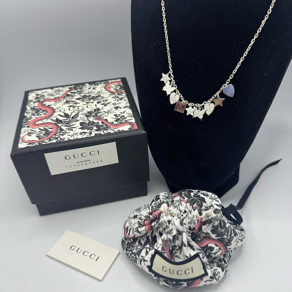 Gucci Trademark Sterling Silver Multi Charm Necklace NEW
